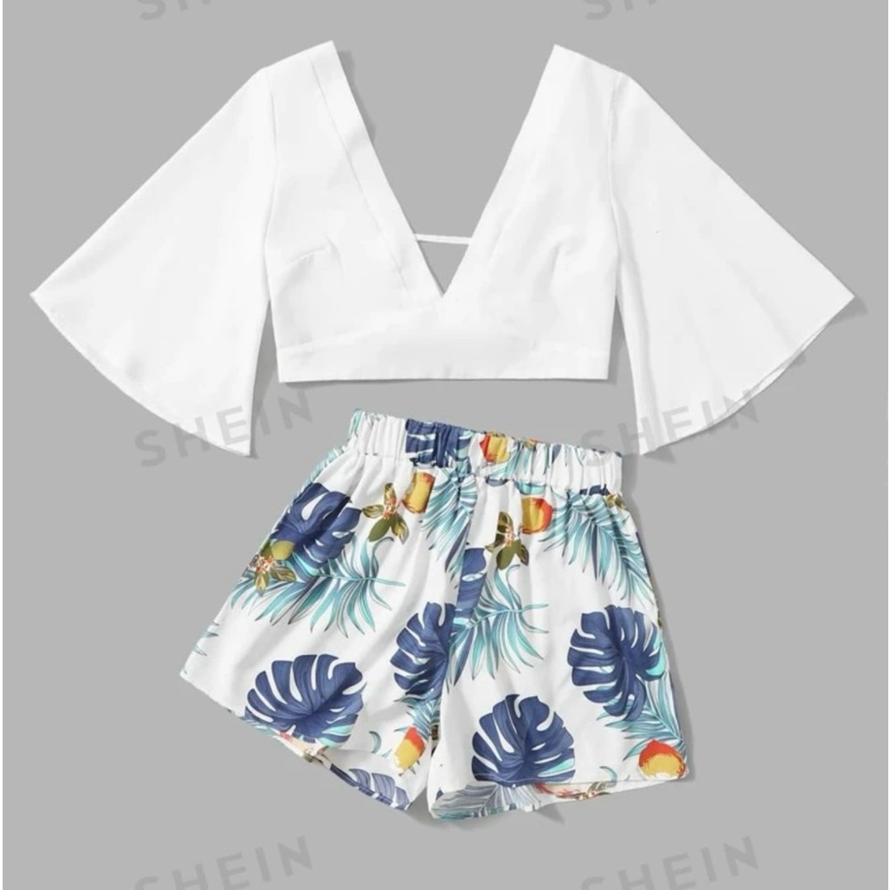 NWOT Shein Vacation Vibes Plunge Self Tie Top Tropical Short Set 12XL